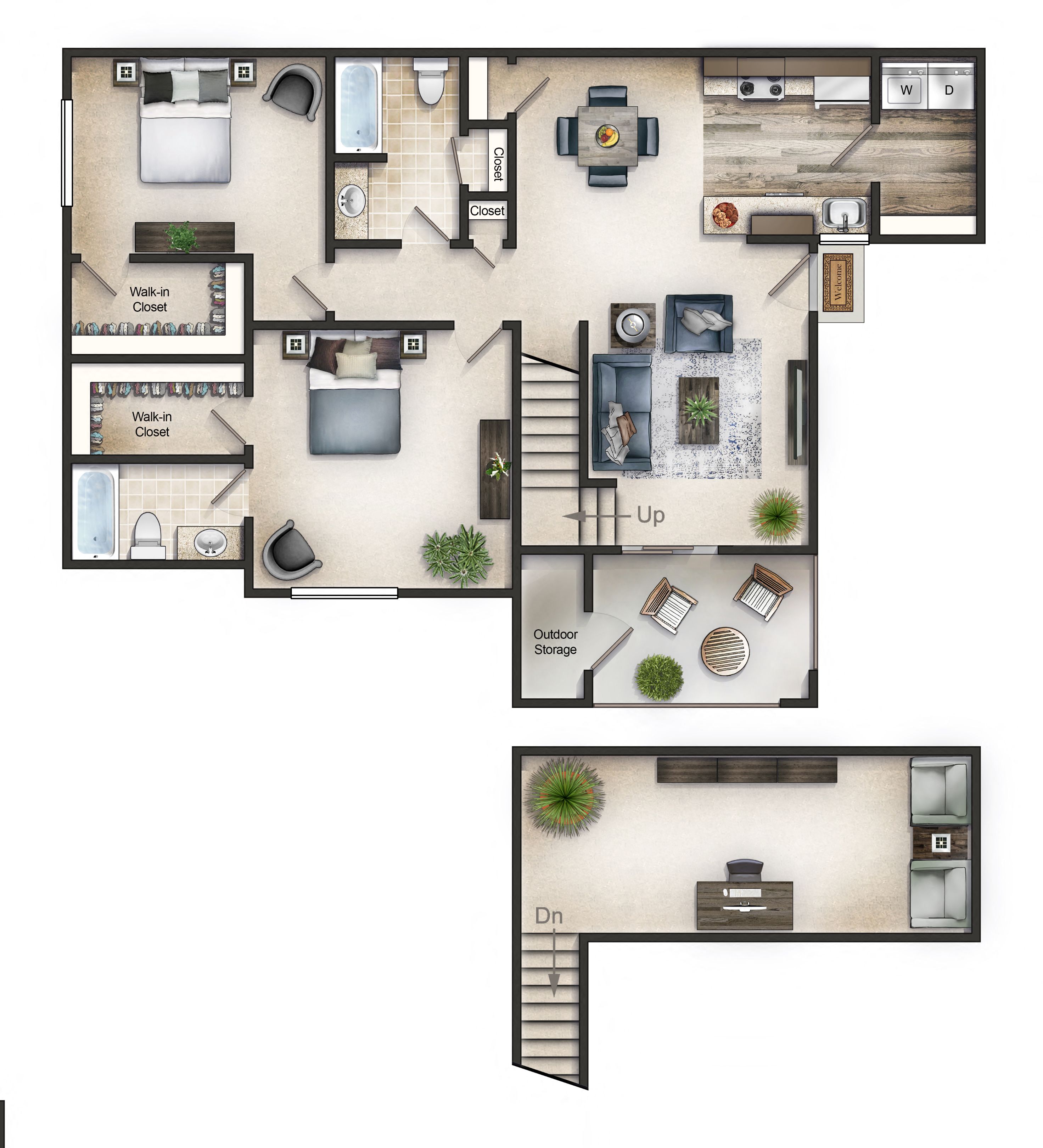 Floor plan for 2 beds, 2 baths, 1389 sqft